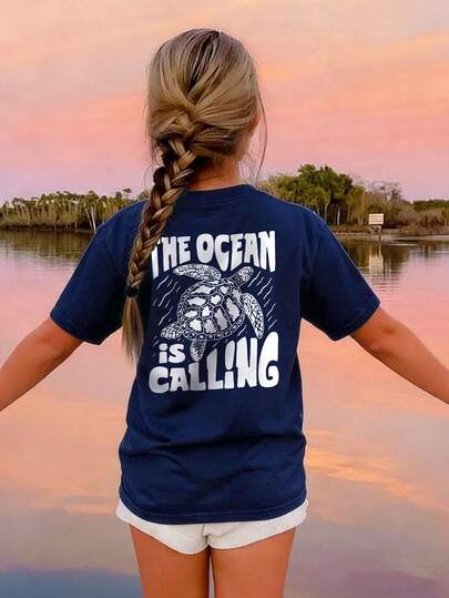 Girls Turtle Print Round Neck Short Sleeve T-Shirt, Casual Tee Suitable For Summer Student And Teenager Wear