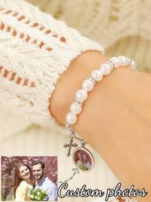 Customized Colorful Photo Beaded Bracelet With Cross, Fashionable Personalized UV Printed Couple Memory Photo Round Pendant Beaded Adjustable Handmade Photo Bracelet - Multicolored Beads - View 5