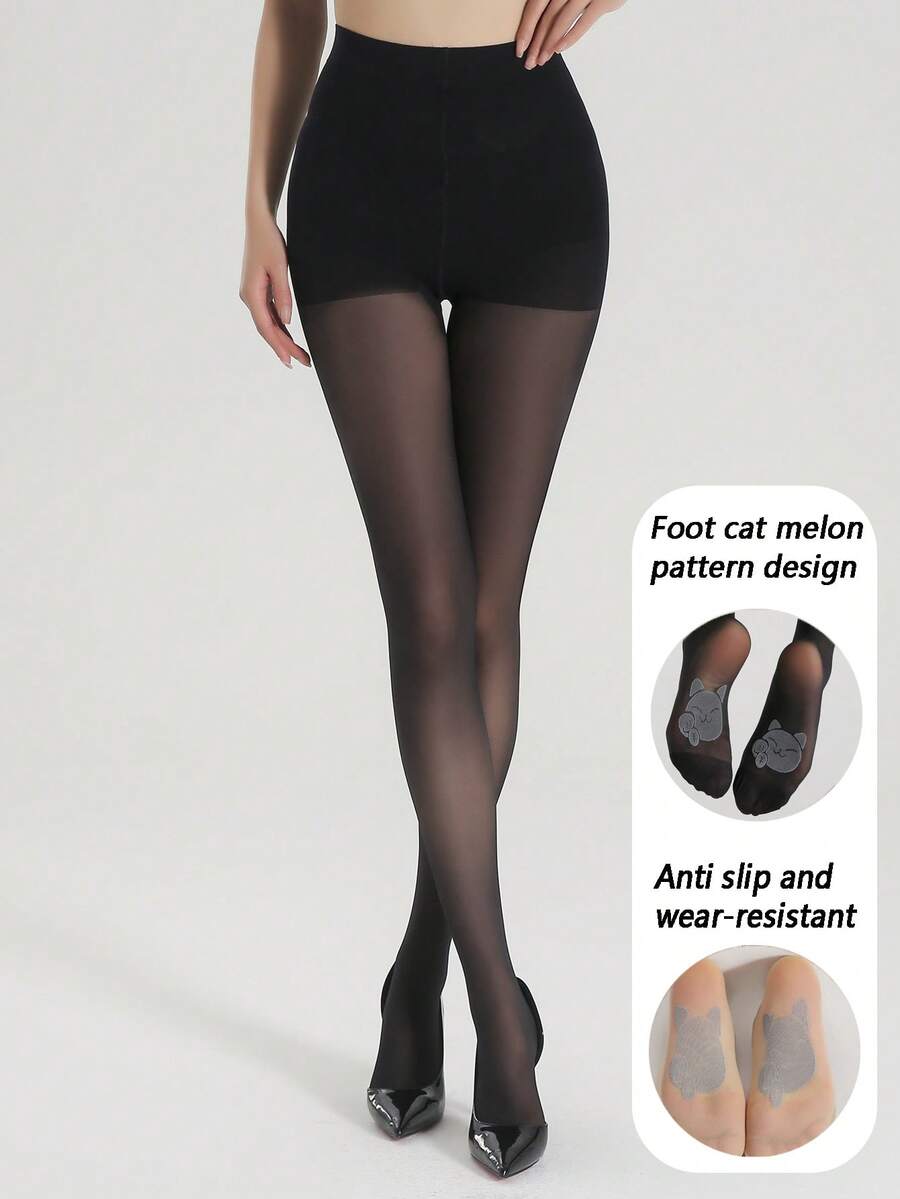 1 Pair Of Black-Toned Women's Socks With Cat Jacquard Pattern On The Soles, Anti-Slip And Privacy Protection Design, Tight Pants, Fashionable And Sexy, Thin And Breathable, Suitable For Daily Commuting, Versatile Base Layer Pantyhose