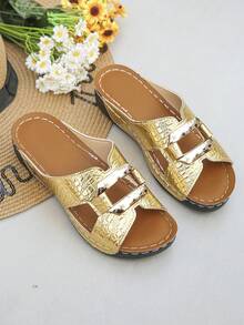 Women's Brown Leopard Print Contrast Color Hollow-Out Round Toe Wedge Sandals, Fashionable Casual Summer Outdoor Slippers, Black Pattern Design - Hoa văn cá sấu vàng - Xem 7