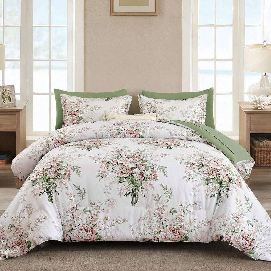 7 Pieces Purple Floral Comforter Set King Size, Soft Microfiber Green Bed In A Bag Comforter Set With Sheets For All Season,Home ,Bedroom Decor ,Perfect Gift For Valentine's Day, Women's Day & Weddings ,Essential Household Supplies - 綠色 - 查看 1
