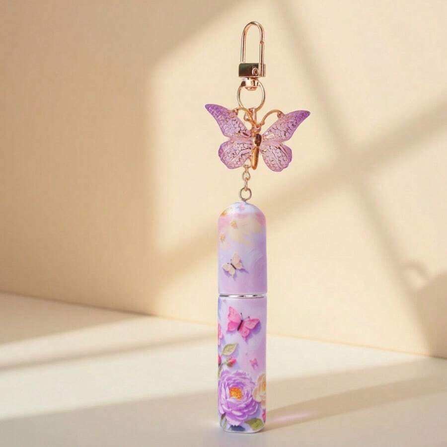 1pc Travel Perfume Spray Bottle, Perfume Bottle With 3D Butterfly Pendant,  Fragrance Empty Perfume Refillable Bottle, Suitable For Travel And Outings, Travel Essential, Back To School Perfume Bottle, Visible Liquid Window, 5ML Travel-Sized, Keychain, Bag Charm, Gifts For Women - New Purple Butterfly - 查看 1