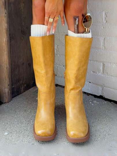 Wide Calf Boots Women's Knee High Boots Square Toe Chunky Block Heel Long Boots Pull On Riding Boots Knight Boots