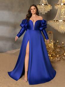 Faeriesty Plus Size Women's Elegant Off-Shoulder Formal Evening Dress - Featuring Dramatic Puff Sleeves, Bold High Slit, And Fitted Waistline - Perfect For Grand Celebrations, New Year Parties, Formal Galas, Exclusive VIP Events, And Glamorous Masquerade Balls - Royal Blue - View 1