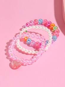 3pcs/Set Girls Sweet Heart Pendant Pearl Bracelet Set, Adorable Beaded Bracelet, Suitable For Daily Wear, Festivals, Valentine's Day Gift, Girls Accessories