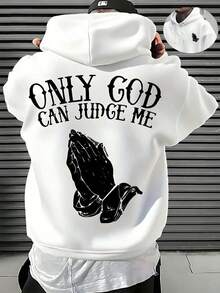 Men's Christian Faith Hooded Sweatshirt With Only God Can Judge Me Printed On The Back And Prayer Hand Design-Hoodie With OF A LOVING GOD Print-Unisex - 白色 - 查看 1
