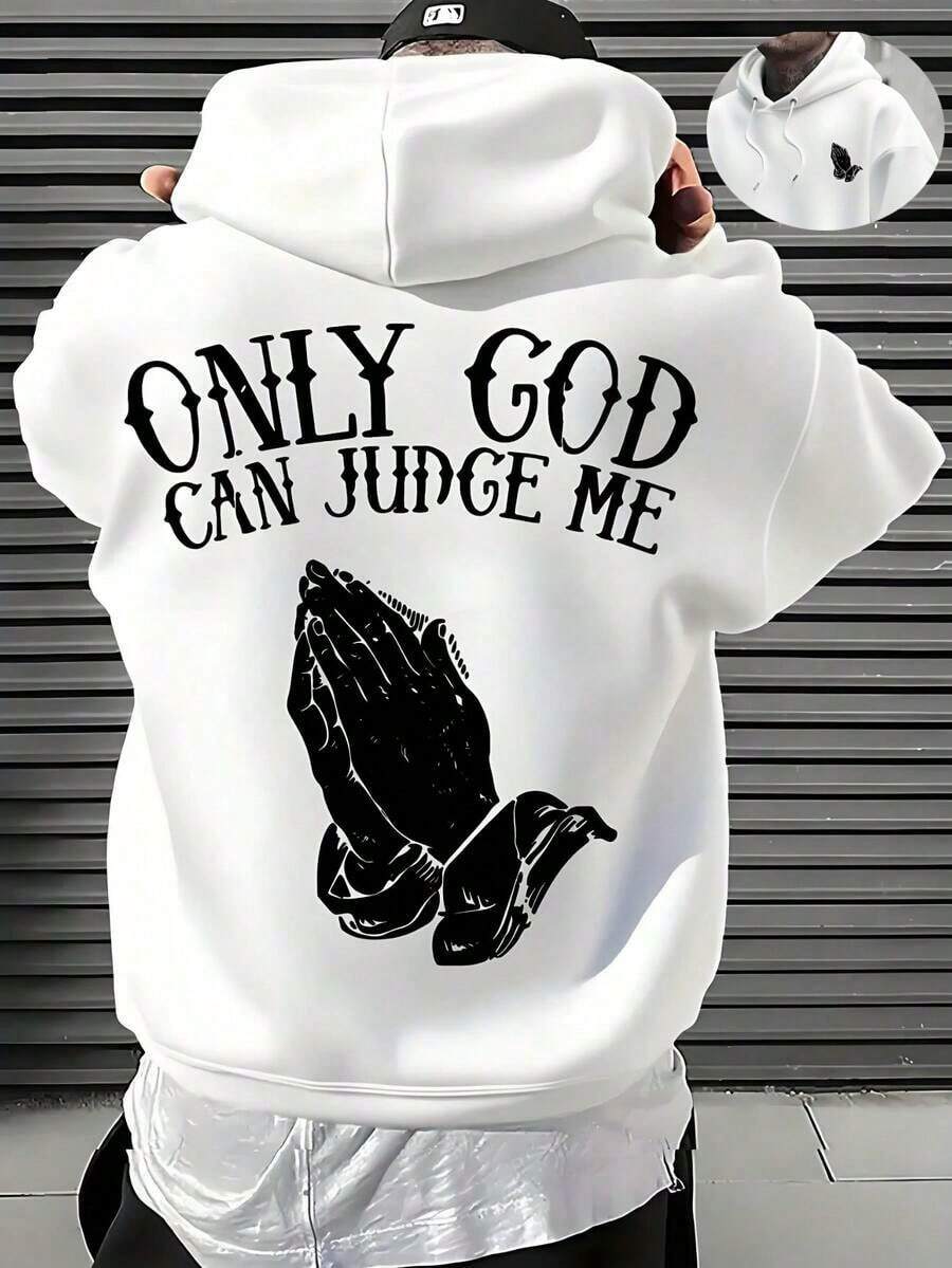 Men's Christian Faith Hooded Sweatshirt With Only God Can Judge Me Printed On The Back And Prayer Hand Design-Hoodie With OF A LOVING GOD Print-Unisex - 白色 - 查看 1
