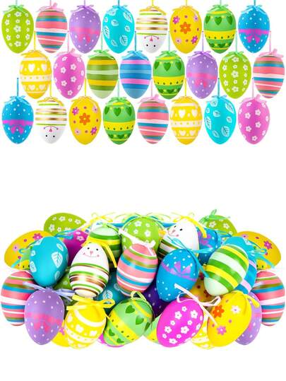 12pcs Easter Hanging Eggs, Multicolor Plastic Easter Hanging Eggs Decorations, Hand-Painted Decorative Balls DIY Craft Tree Hanging Decor, Random Styles