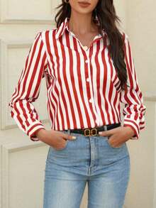 Contrast Color Block Striped Button Front Women Shirt, Loose Striped Blouse For Women Slimming Vintage Niche Versatile Top, Suitable For Daily Life And Valentine's Day - Đỏ - Xem 8