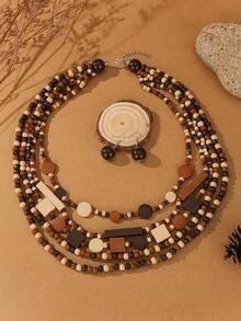 1 Set Handmade Multi-Layer Exaggerated Wooden Bead Necklace, Boho Style Bib Necklace For Women, Suitable For Beach, Party, Middle Eastern Formal Events, Beautiful Jewelry Necklace & Earrings - Brown - View 7
