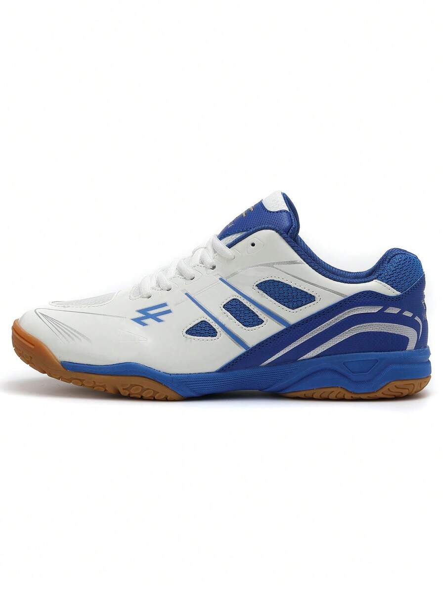 1双男士纯色PU皮革系带运动鞋，轻便透气防滑支撑性户外多功能运动鞋，适合健身、训练，四季皆宜 - 藍色 - 查看 1