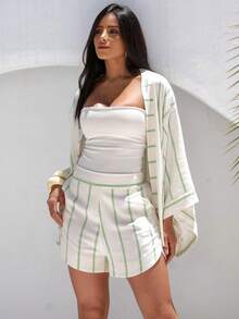 Árbora Eminence - Women's Kimono And Shorts Set In Viscose Linen Fabric, One Size Fits Sizes 38 To 42, Summer Fashion - Tắt/Xanh - Xem 2
