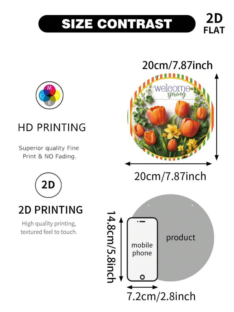 1pc Spring Theme "Welcome Spring" English Text, Orange Tulips, Yellow Daffodils, Ivy Green Plants, White Wooden Background, Orange & Green Striped Border, Round Composition, Decorative Hanging Sign, 2D Flat Print, Wooden Decor. Suitable For Scene Decoration, Restaurant, Bar, Storefront, Cafe - Multicolor - View 2