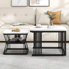 (N625P173136Z) Set Of 2 Modern Side Tables, MDF With Marble Look, Steel Tube White High Gloss Black, 2 Tables Measuring 65x65x45 Cm And 45x45x39.5 Cm - White - View 5