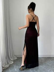 Elegant, Sexy, Retro Women's Dress, High-Waisted, With Side Drawstring And Criss-Cross Straps At The Back, Suitable For Dates, Birthdays, Graduations And Other Occasions. - 酒紅色 - 查看 2