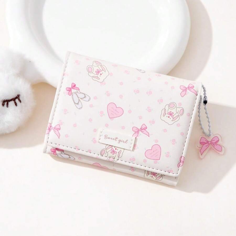 Small Wallet Bunny Floral Heart Coquette Bow Print Wallet With ID Credit Card Slots For Women Girls (CREAM) - Cream - 查看 1