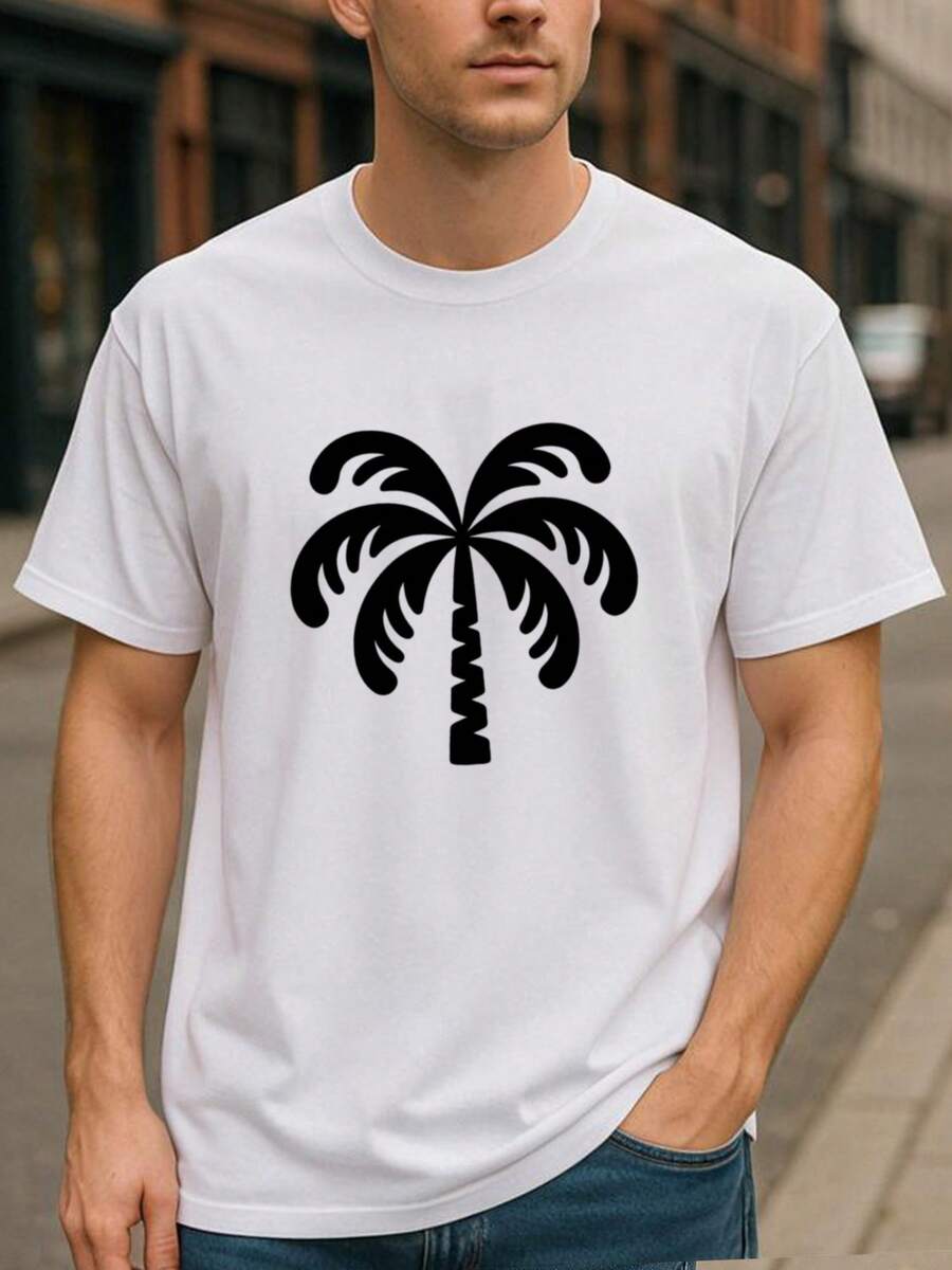 Patrón simple de árbol de, moda simple para hombres, camiseta de manga corta de cuello redondo ligera, adecuada para deportes al aire ropa casual de fin de semana - Blanco - Ver 1