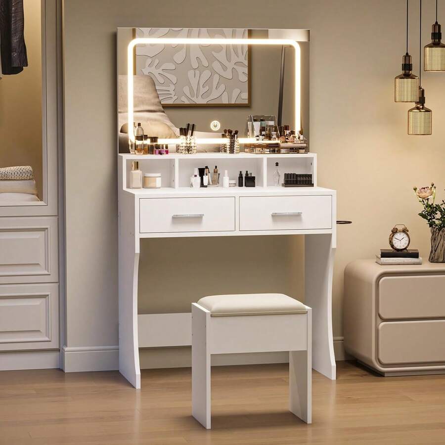 Mesa de tocador con espejo y luces – Pequeño conjunto de mesa de maquillaje con cajones, estación de carga y taburete, mesa de tocador compacta de madera para dormitorios de niñas, residencias y apartamentos - Blanco - Ver 1