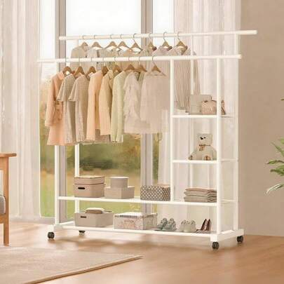 CYPN1.5M Perchero para Ropa de Doble PostePerchero Burro con Ruedas Perchero de Metal para Ropa con Estante Estantería de Almacenamiento de Ropa para DormitorioFashion