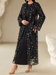 女士花卉亮片网纱长袖睡袍连衣裙优雅两件套，夏季套装，度假装，情人节装，优雅派对装，婚礼宾客装，生日装（仅含衣服，不含围巾） - 黑色 - 查看 6