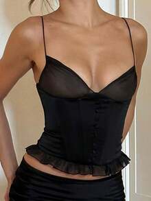 Women Deep V Neck Cap Sleeve Tank Crop Top Low Cut Sweetheart Neck Slim Fit Fairycore Grunge Top Chic Streetwear - 黑色 - 查看 2