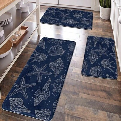 1pc Ocean Themed Decorative Floor Mat, Soft Plush Surface With Seashell, Starfish Pattern On Navy Blue Background, Classic Minimalist Style, Comfortable Underfoot, Fatigue Relief