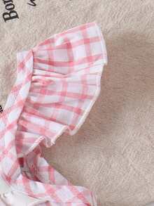 2pcs Girls Toddler Casual Strawberry Plaid Top + Blue Denim Shorts Set, Summer Vacation Outfit - Pink - View 4