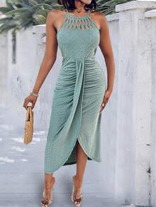 ChicMe 女士无袖中长连衣裙，交叉露背设计，褶皱提花针织纹理，开衩镂空垂褶休闲度假连衣裙，夏季优雅之选 - 綠色 - 查看 6