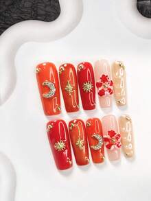 10件套琥珀风主题美甲凝胶套装，包含亚克力按压式美甲贴纸、金色太阳星空美甲装饰、手绘五瓣红色雕塑花、金边银色水钻月亮设计、纯色水波纹美甲装饰、红色和黄色指甲油，以及美甲工具。 - 彩色 - 查看 17