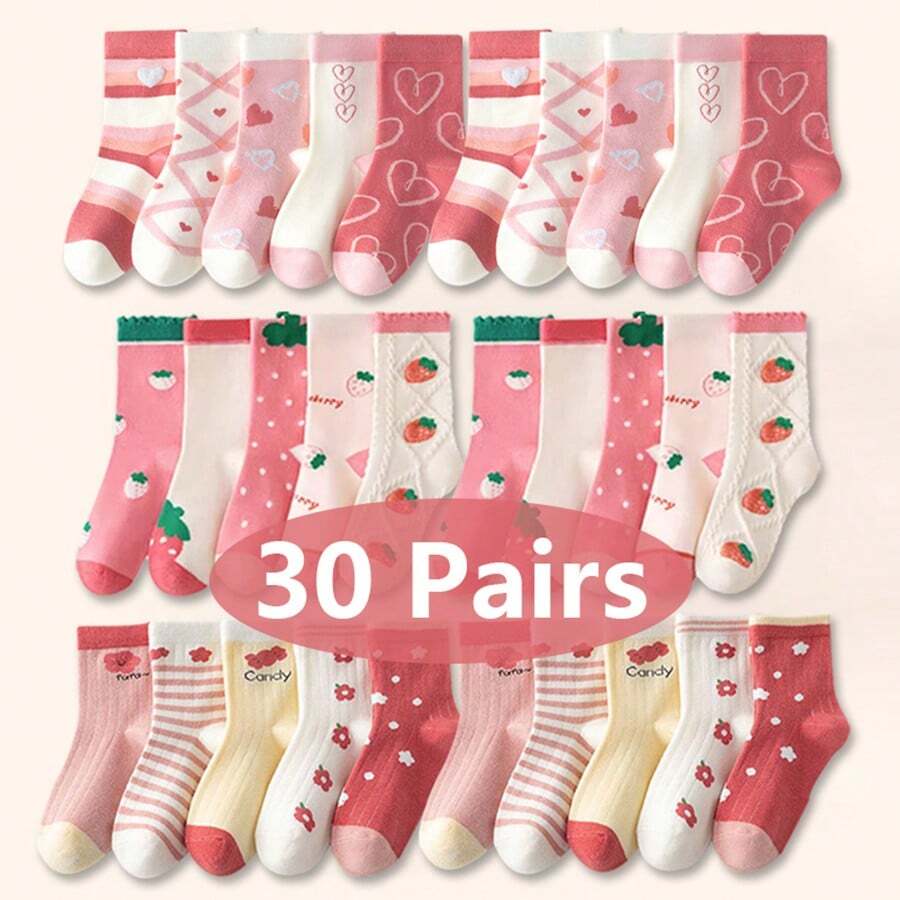 30双女童袜子，可爱卡通花朵爱心图案儿童袜，甜美公主中筒袜，四季皆宜 - 粉色 - 查看 1