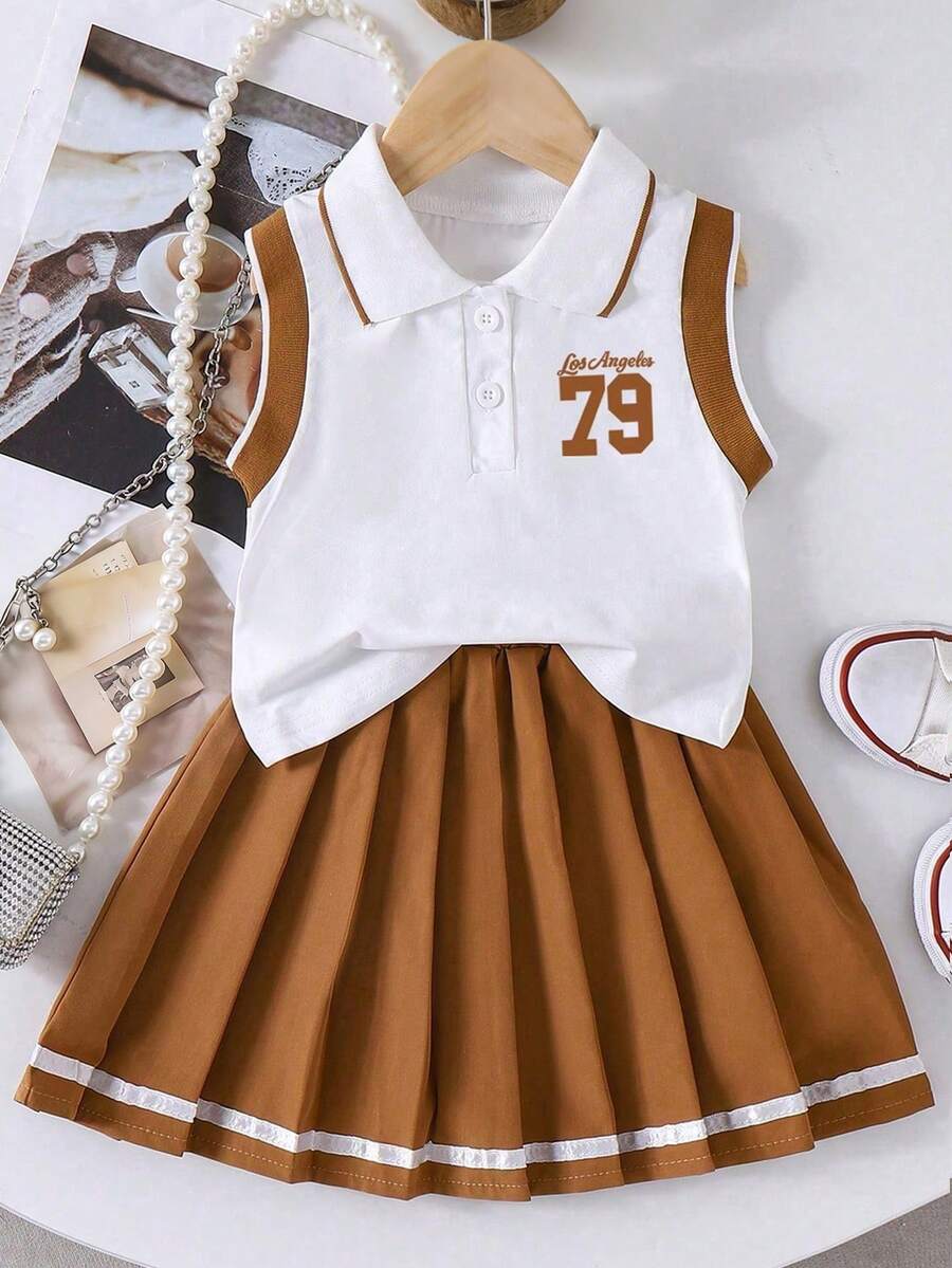 Tween Girls' Summer Casual Sports Collegiate Numeric & Letter Print Polo Collar Tank Top And Pleated Mini Skirt Set - White - View 1