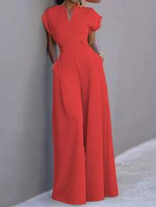 Bộ jumpsuit nữ màu trơn, dáng rộng, có túi, thích hợp mặc hàng ngày, công sở và đi nghỉ mát, kiểu dáng thanh lịch mùa xuân/hè. - Đỏ - Xem 4