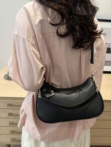 New Fashion Classic Versatile Letter Graphic Decor Solid Color Waterproof PU Fabric Shoulder Bag, Crescent Bag, Underarm Bag, Suitable For Shopping, Can Be Worn Crossbody. Decorated With Cherry Pendant, Crescent Bag For Summer, Suitable For Beach Vacation, Back To School Season, Women Wallet. - màu đen - Xem 8