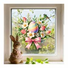 1片花卉蝴蝶结彩蛋窗贴，可移除静电贴纸，适用于春季复活节卧室、客厅、阳台和店面装饰 - 彩色 - 查看 4