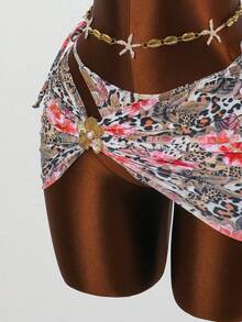Conjunto de traje de baño de 3 piezas de 2026 con pantalón, falda con doble nudo en la cintura y estampado floral de leopardo, decoración de flores de metal para mujeres en vacaciones de verano, playa y resort, estampado de leopardo marrón - Multicolor - Ver 7