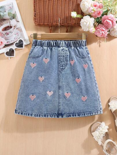 1pc Girls' Outdoor Casual Comfortable Fashion Minimalist Sweet Girl Versatile Vintage Snowflake & Heart Embroidery Denim Mini Skirt