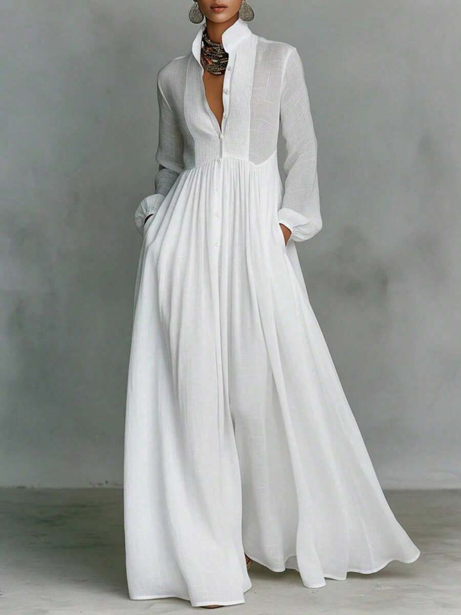 Spring And Summer New Temperament Waist Thin Long Sleeves Pleated Word Long Holiday Skirt French White Dress - trắng - Xem 1