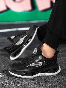 Men's Black Lace-Up Sports Shoes, Breathable Mesh Soft Sole, Non-Slip, Shock-Absorbing, Outdoor Fitness Workout Running Sneakers - Black - View 3