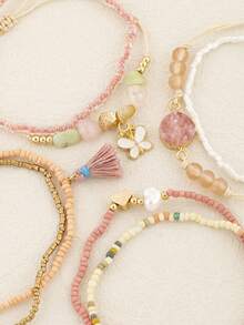 8pcs Girls' Casual Versatile Handmade Bohemian Style Pearl Bracelets - Baby Pink - View 5