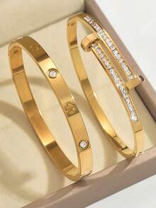 3 Sets/1 Set 18K Gold Plated Stainless Steel Four-Leaf Clover Nail Bracelet, Suitable For Women's Party, Daily Wear, European And American Style, Personalized, Generous, Luxurious Cubic Zirconia Wristband, Wedding Jewelry Set, Gift For Girls, Ladies, Relatives, Friends, Beautiful Wedding, Birthday, Valentine's Day, 18K Gold Plated Stainless Steel Floral Bracelet, Suitable For Women's Daily Wear, Classic Floral And Roman Numeral Rivet Design, Waterproof, European And American Style, Casual, Wedding, Party - Yellow Gold - View 13