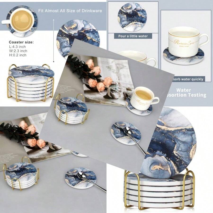 hygIron Tree Juego de 6 Portavasos para Mesa Absorbentes Posavasos de Marmol Antideslizantes de Ceramica para Bebidas con Soporte de Metal Coasters para Varios Tipos de Vasos de Agua y Copas de Vinojuh - Azul - Ver 1