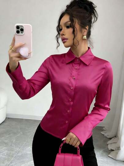 Women's Fashion Pink Long Sleeve Collared Button-Up Shirt, Elegant Satin-Like Polyester Fabric, Regular Fit Blouse Spring