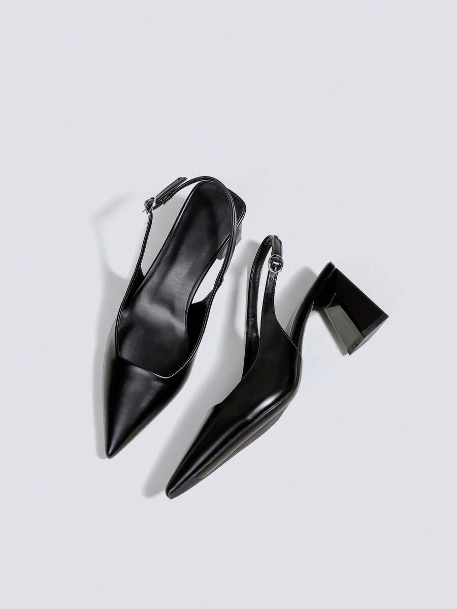 女士黑色7厘米粗跟高跟鞋，正式礼服凉鞋，派对婚礼高跟鞋，露跟尖头高跟鞋 - 黑色 - 查看 1