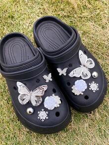 10pcs Cute Silver Rhinestone Butterfly, Snowflake, Rose Flower, Small Butterfly Hollow Shoe Decorations DIY Accessories - Fun, Versatile Personalized Shoe Embellishments, Perfect Gifts For Holidays, Parties And Special Occasions - Silver - View 1