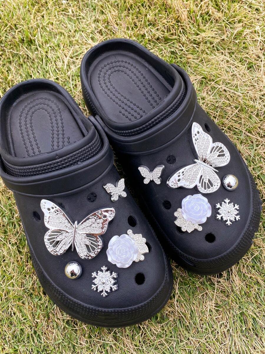 10pcs Cute Silver Rhinestone Butterfly, Snowflake, Rose Flower, Small Butterfly Hollow Shoe Decorations DIY Accessories - Fun, Versatile Personalized Shoe Embellishments, Perfect Gifts For Holidays, Parties And Special Occasions - Silver - View 1