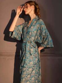 Jacquard Nightgown Women's Spring And Autumn Long Bathrobe Bath Skirt Ice Silk High-End Satin Loungewear Single Robe Can Be Worn Outside - HP15款-長袍 - 查看 2