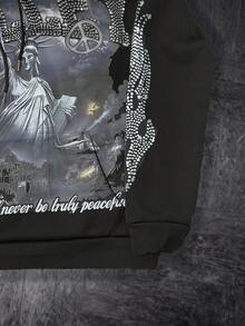 Mens Y2K Letter Print Zip Hoodie Oversized Streetwear Graphic Pullover Harajuku Style Jacket - 黑色 - 查看 3