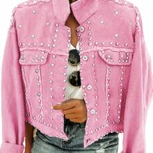 Women'S Plus Size Denim Jacket - Washed Pink Denim, Rivet Inlays On Faux Pockets, Fashionable Street Casual Style, Suitable For Daily Wear, Durable, Spring & Autumn Wear - Pink Color - View 5