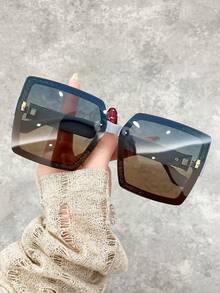 1 pieza Gafas de moda de mujer con marco cuadrado grande y personalizado, adecuadas para viajes, ocio, fiestas, playa y decoración diaria - Multicolor - Ver 2