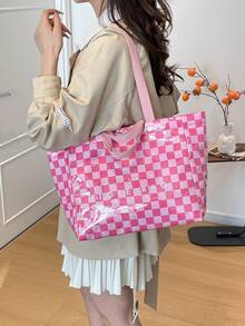Fashionable College Style Large Capacity Tote Bag - Lightweight PVC And Kraft Paper Material, Hook And Loop Closure, Stylish Choice For Women - Multicolor - View 4